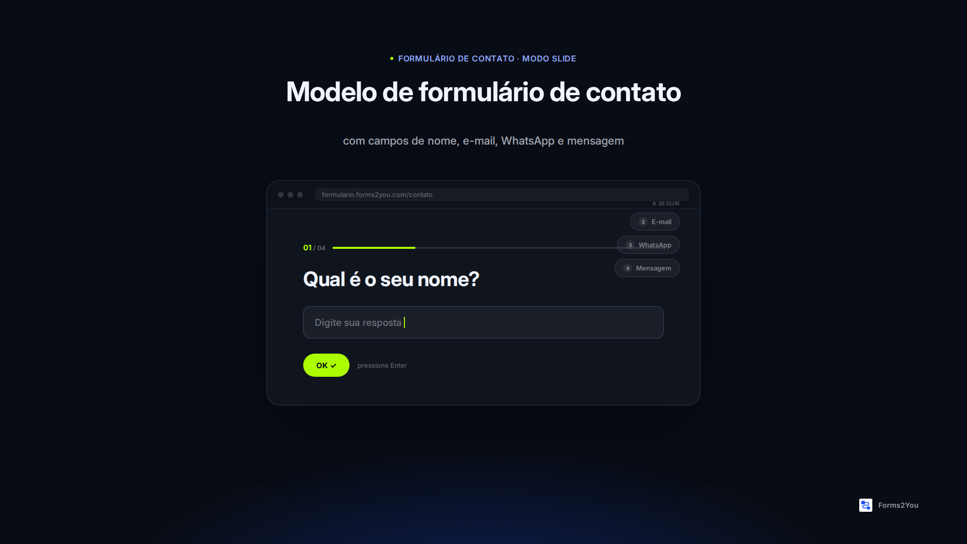 Modelo de formulário de contato com campos de nome, e-mail, WhatsApp e mensagem